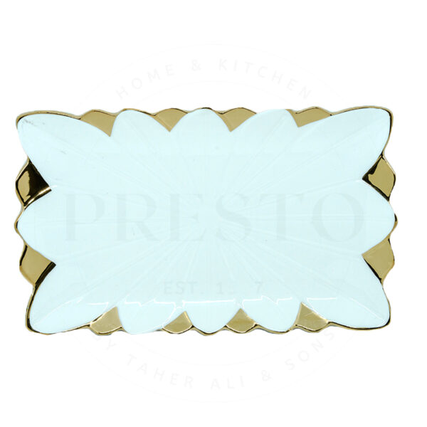 Elegant Medium Rectangular Serving Plate | Floral Design | Ceramic | Golden & White